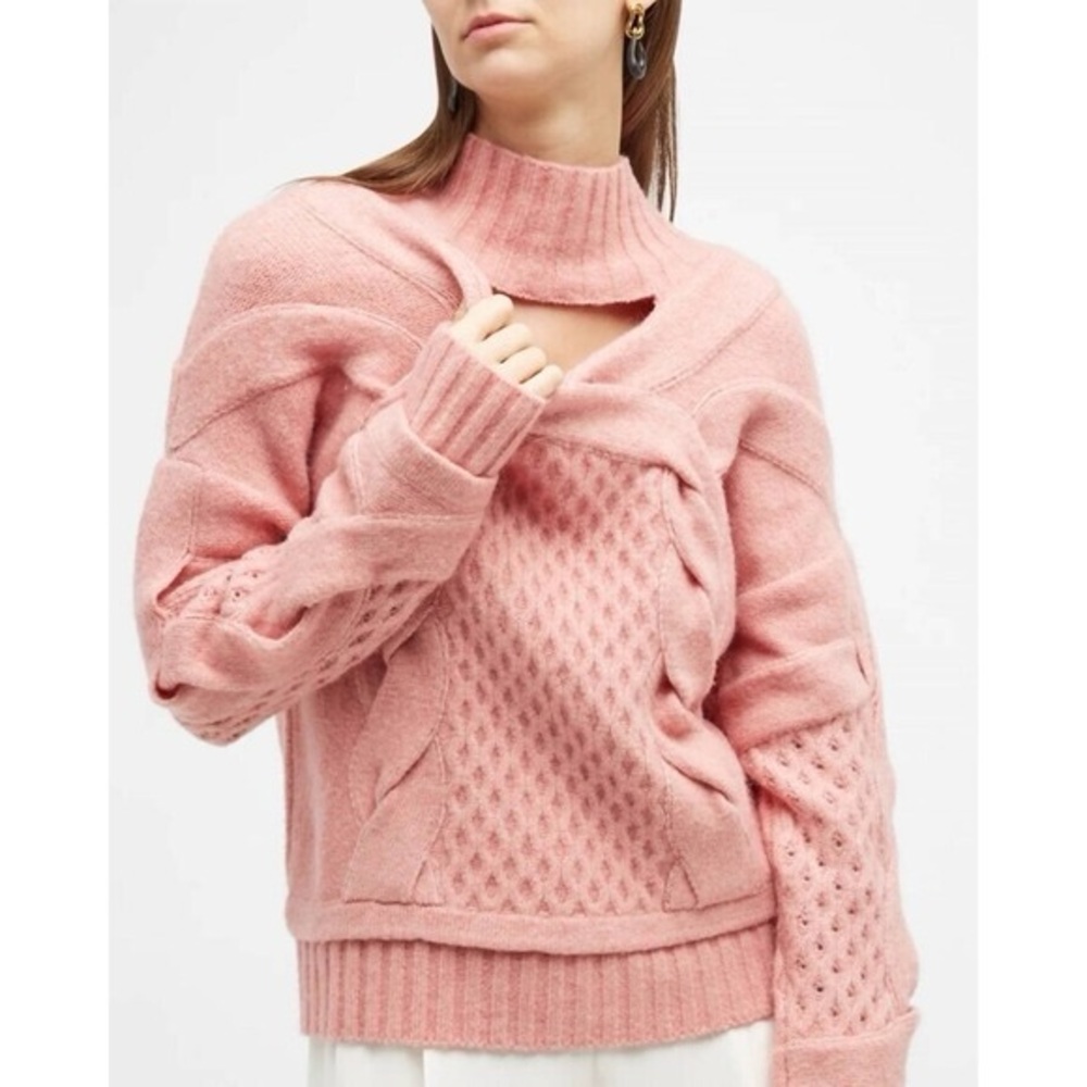 NAADAM Cable Knit Cutout Turtleneck Sweater Rose XS Oversized Alpaca Wool NWT